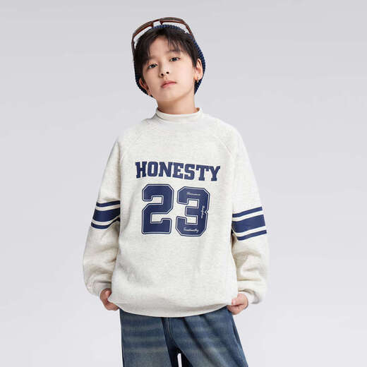 Zuoxi boys' fleece sweatshirt 2025 new autumn and winter children's letter round neck tops for big children trendy navy 160
