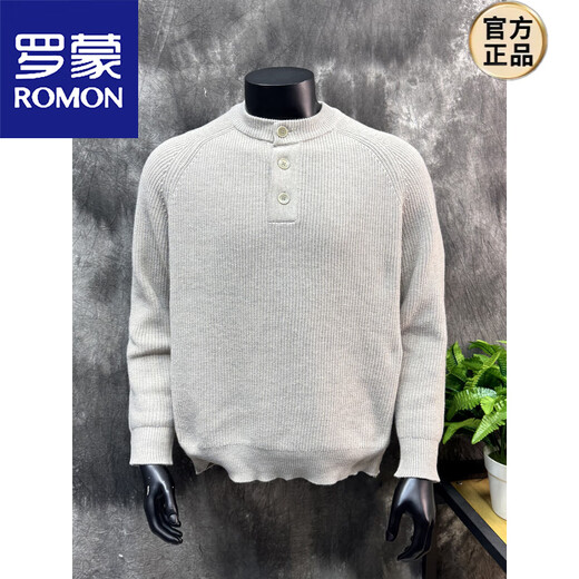 ROMON Old Money Style Henley Collar Sweater 25 Autumn and Winter Men's Lazy Loose Long Sleeve Textured Button Stand Collar Sweater Oatmeal S 90-120Jin Jin is equal to 0.5 kg