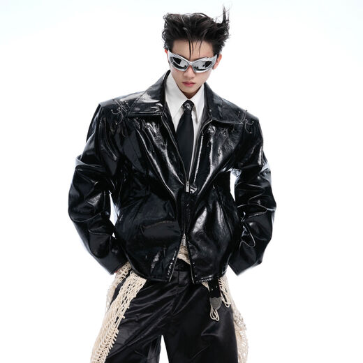 CulturE thorny ridge heavy industry spine rivet embroidered leather jacket glossy texture jacket 唼黑 S S