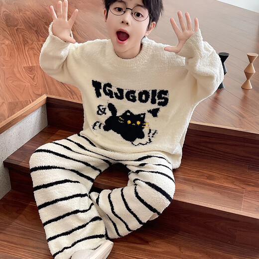 G.duck children's clothing boys' pajamas winter home clothes plus velvet autumn and winter big children thickened coral velvet boys' flannel trendy white 120 m