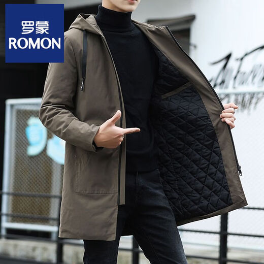 ROMON windbreaker men's mid-length hooded fashionable casual solid color large size jacket men's 2025 spring, autumn and winter new cotton jacket black (cotton) M
