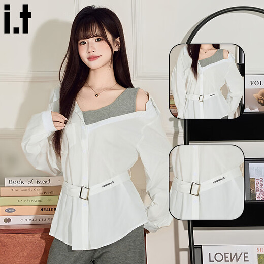 CHOCOOLATE it women's sexy design off-shoulder fake two-piece splicing long-sleeved shirt for women autumn and winter slim waist top for women white M