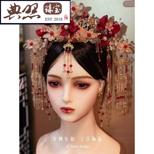 Typical photo of Fengguan Xiamei headdress Xiuhe suit Chinese style bride 2025 new red bow glazed hair crown ancient style wedding A main crown + back area + earrings gift box