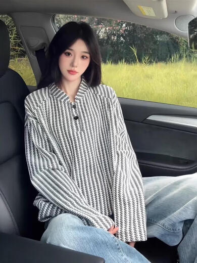 Feimaibo herringbone pattern American Henry collar sweatshirt for men in autumn heavy houndstooth long-sleeved T-shirt with bottoming shirt for men white M M recommended 105-120 Jin Jin equals 0.5 kg