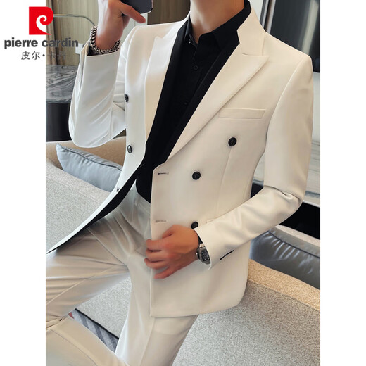 Pierre Cardin double-breasted color-blocked suit for men, high-end, slim, business casual, versatile groom's wedding suit, two-piece suit, white suit + trousers 3XL (155-165Jin Jin equals 0.5kg)