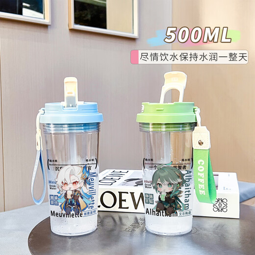 Jiuyao Nasida figure Genshin Impact Cartoon Large Capacity Sports for Students, Men and Women Plastic Anti-fall Straw Water Cup BXAO15941 Dada Three Drink Design [500ML Blue]-Painted Print
