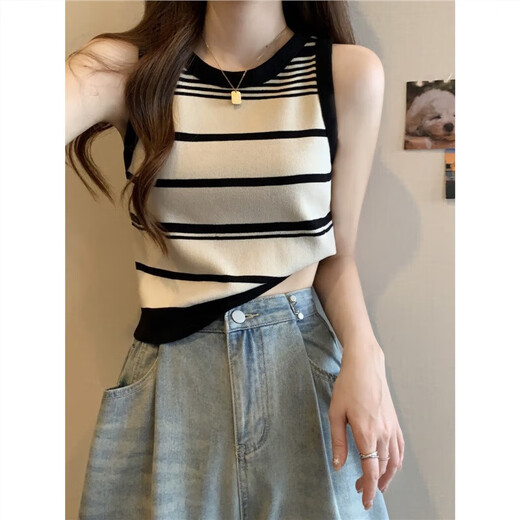 Chaleco de suspensión de punto rayado retro francés para mujeres en verano, exterior, camisa base sin mangas, negro, talla individual, recomendado 85-135 Jin [Jin equivale a 0.5 kg]