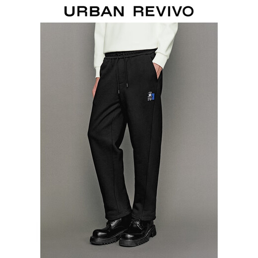 UR2025 new winter men's trendy embroidered elastic waist drawstring cotton straight pants UUV650054 black 29