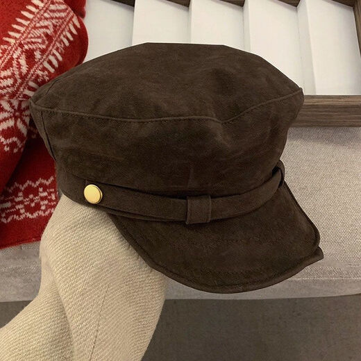 Zhang Yaqin's same style 2025 new autumn and winter suede versatile fashion British newsboy hat flat top retro painter hat dark brown color