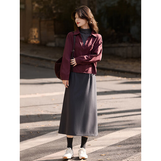 Awakening Paradise Fake Two-piece Shirt and Skirt Set Autumn and Winter Intelligent and Exquisite Retro Shirt A-Line Skirt Two-piece Set Gray S