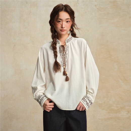 Giordano designer women's new Chinese style embroidered strappy stand collar loose long-sleeved shirt 18345828