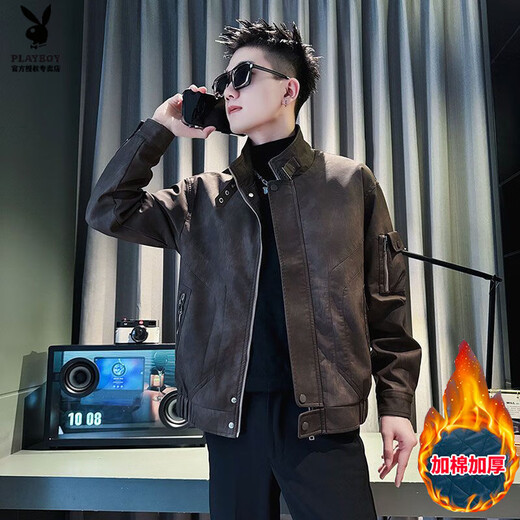 Мужская кожаная куртка с воротником-стойкой Playboy (PLAYBOY) с утолщенным топом на осень и зиму 2025 года, новая высококачественная красивая мотоциклетная кожаная куртка для мужчин кофейного цвета A343-JK180 M