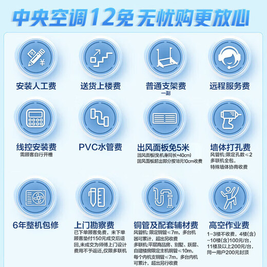 Oaks central air conditioner one to four household central air conditioner one to three frequency conversion first level energy efficiency one to five duct machine embedded small multi-online three room and one living room air conditioner including installation 6 HP one to five upgraded model three rooms and two living rooms 110~130