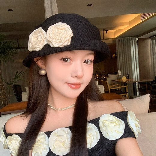 QUEEN TRIP French Elegant Flower Thousand Gold Top Hat Women's Summer Thin Breathable Big Head Circumference Showing Face Small Hepburn Style Beret Hat Flower Top Hat - Black