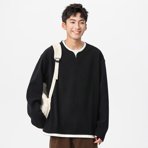 ROMON autumn and winter waffle fake two-piece sweatshirt for men American fashion brand V-neck Henry long-sleeved T-shirt for men 2025 new bottoming shirt 536 black sweatshirt XL size 140-160Jin Jin equals 0.5 kg