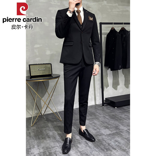Pierre Cardin business casual single-breasted suit suit groom Korean style men's slim double slit small suit lapel collar formal suit black suit + trousers + vest free black tie XL