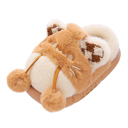 Children's cotton slippers for autumn and winter, cute kitten warmth, thickened soft sole, non-slip, plush cotton shoes for boys and girls, khaki size 32-33 (inner length 19.5CM)