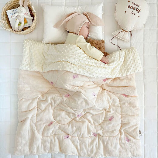 Newborn baby spring and autumn blanket, children's air-conditioned quilt, kindergarten quilt, autumn and winter quilt, soothing beanie plush blanket, bear head-embroidered beanie quilt 120x100cm