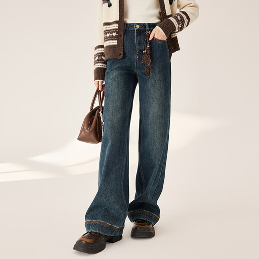 Xiangying plus velvet retro bootcut jeans for women 2025 winter new style denim style high waist loose wide leg pants denim blue S 155/80A/85-95Jin Jin equals 0.5 kg