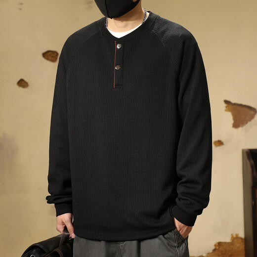 Ten Cranes American Retro Heavy Henley Neck Sweatshirt Men's Fall Trendy Loose Casual Texture Long Sleeve T-Shirt Black (280g Heavy Henley Neck Sweatshirt) 4XL (200-220Jin Jin is equal to 0.5 kg)