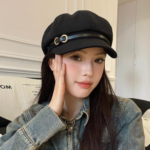 Jin Jin is equal to 0.5 kg Mu Beret Women's 2025 Autumn and Winter New Japanese Retro Newsboy Hat Versatile Big Head Circumference Painter Octagonal Navy Hat Black One Size Brim Leather