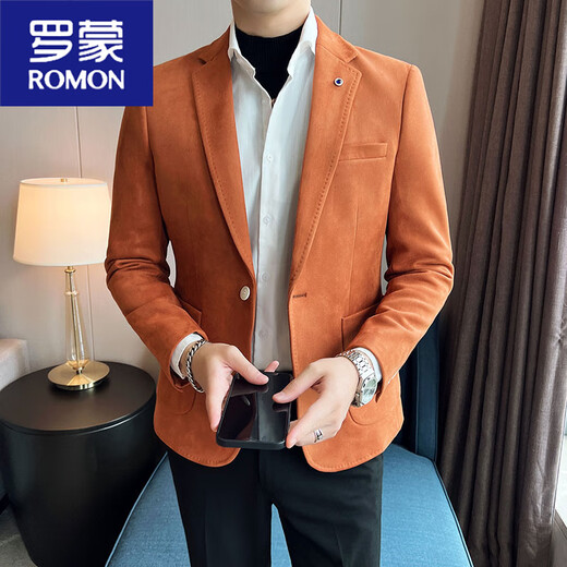 罗蒙（ROMON）不起褶免烫修身西服秋冬季加厚麂皮绒小西装英伦感男外套 9929灰色 M 适合115斤下