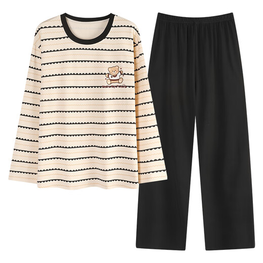 Yiduo couple pajamas for women with chest pads in autumn and winter pure cotton long-sleeved striped cartoon casual boys can be worn outside as home clothes