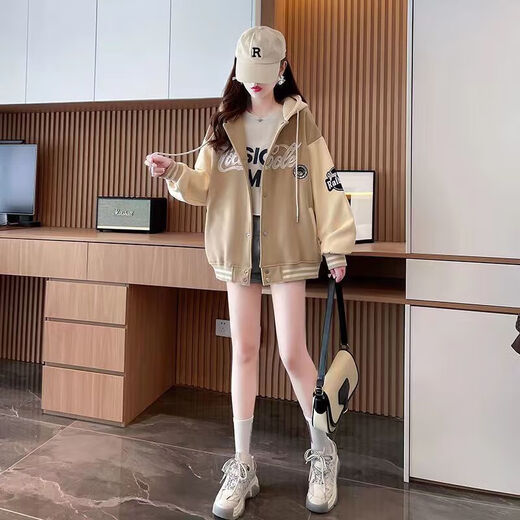 Girls' hooded jacket autumn and winter 2025 new children's fashionable medium and large children's fashionable baseball uniform sports autumn clothing plus velvet black thickened alpaca 170 (recommended height is about 160cm)