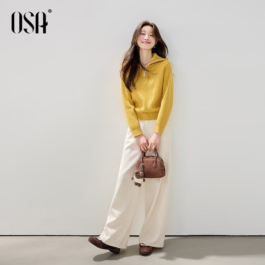 Osha Nuanyang Knitted Navy Neck Sweater Women's Winter New Lazy Retro Cable Sweater Top Yellow S