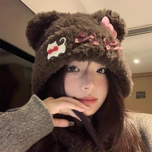 Colorful hat for women, cute little bear ears, cat bow plush hat, autumn and winter warm and ear-protecting Lei Feng hat, small face
