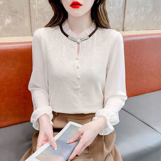 Ling Yue French Elegant Spring and Autumn New Shirt Women's Western Fashion Temperament Top Age-Reducing Long-Sleeved Lace Chiffon Shirt Women Off-White M Recommended 96-105 Jin Jin equals 0.5 kg