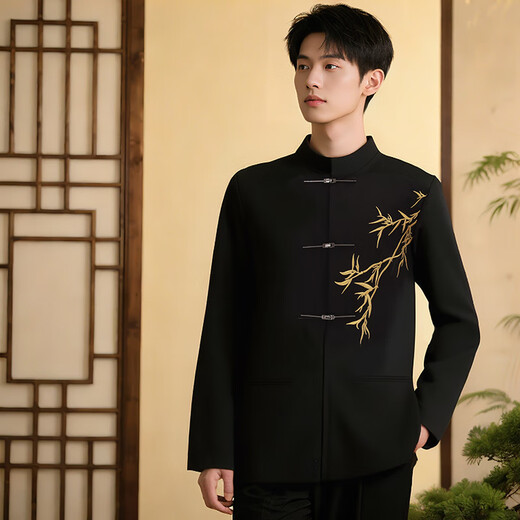 GOKU Men's New Chinese Style Engagement Dress Stand Collar Mao Suit Suit Chinese Style Embroidered Suit for Marriage Tang Suit Men Golden Bamboo Jacket + Pants L Recommended weight 110-130 Jin Jin equals 0.5 kg