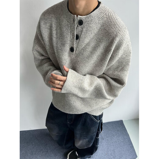 Muwei American retro Henry collar cardigan sweater men's autumn and winter style lazy high-end casual versatile knitted top Gray M recommended 90-110Jin Jin equals 0.5 kg