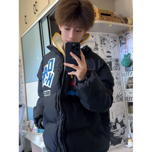 Luosenchi (LUOSENCHI) winter down jacket for men and women, national fashion, American trend, embroidered letters, loose, fashionable, thickened and warm bread coat, black main picture embroidered style, thickened and warm, non-slip cotton S