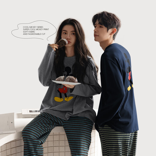 Benny Bear Beiyan Disney Mickey couple pajamas for women spring and autumn new soft cotton long-sleeved suit can be worn outside men's home clothes C20963 women's size L