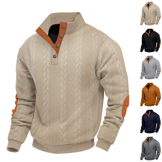 JEEP SPIRIT autumn and winter heavy jacquard men's American sweatshirt casual stand-up collar button placket long-sleeved henley shirt polar fleece jacket black S