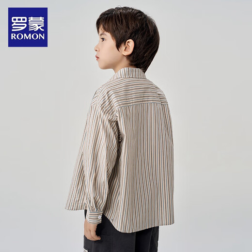 Romon Boys Long Sleeve Striped Casual Shirt Children's Versatile Top College Style Boys 2026 Spring and Autumn Jacket Beige 160