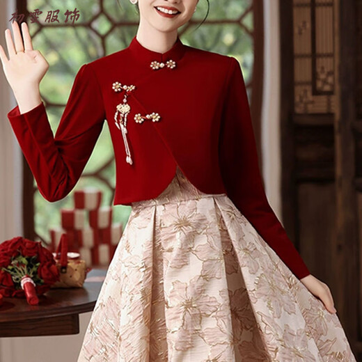 Meianjia new Chinese toasting dress bride's new red wedding engagement dress skirt women's winter long-sleeved winter wine red S
