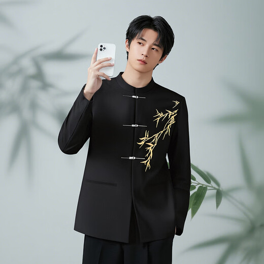 GOKU Men's New Chinese Style Engagement Dress Stand Collar Mao Suit Suit Chinese Style Embroidered Suit for Marriage Tang Suit Men Golden Bamboo Jacket + Pants L Recommended weight 110-130 Jin Jin equals 0.5 kg