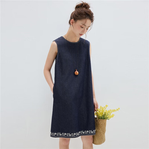 
Giordano designer straight skirt for women summer embroidered round neck denim vest dress for women 18465809