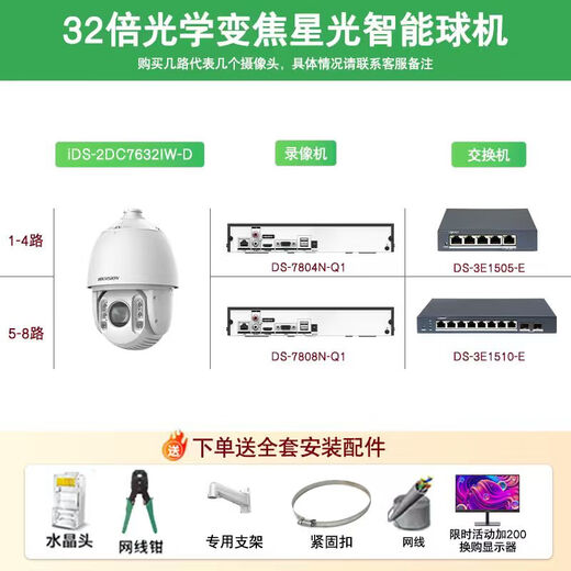 Hikvision long-distance high-magnification optical zoom camera, smart PTZ cruise, face capture, 7-inch dome camera, outdoor security monitoring multi-scene solution to solve mobile phone remote 32x optical zoom | 6 million-1 way 2T hard drive