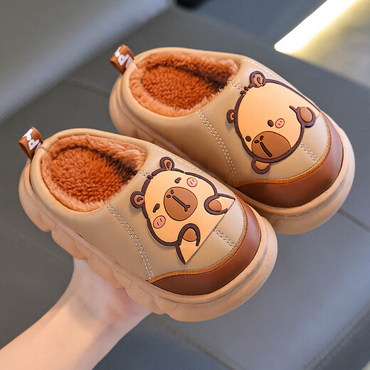 Kapibara winter children's cotton slippers for boys and girls, warm plus velvet PU leather waterproof thick-soled parent-child baby cotton shoes, dark coffee slippers size 28 29 (shoe length 17CM suitable for feet 16CM)