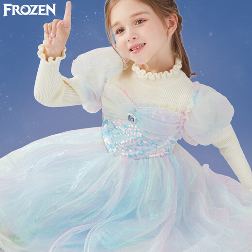 Disney (Disney) Girls Dress Long Sleeve Autumn New Children's Elsa Princess Dress Style Sweater Mesh Skirt 14001 White 130