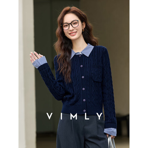 Fanximan navy blue fake two-piece knitted cardigan for women 25 years new winter contrast plaid lapel twist sweater 75265 navy S (recommended 90-100Jin Jin equals 0.5 kg)