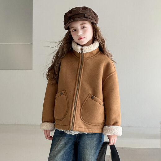 Tutu Little Elephant Girls' Velvet Jacket 2025 Winter New Suede Warm Jacket Children's Thickened Fur One-piece Coat Brown 160 Height About 160cm