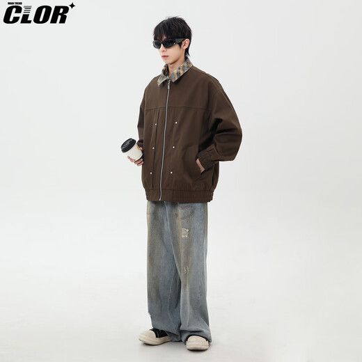 CLOR fake two-piece jacket men's autumn and winter style handsome casual all-match plaid lapel boys jacket JK11 brown XL
