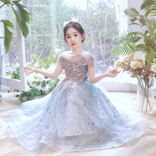 小咔衣浓女童公主裙生日蓬蓬裙儿童主持人晚礼服钢琴演出服高端花童婚纱秋 高贵蓝1591无袖长款 130