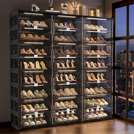 Hualeji installation-free shoe box shoe cabinet folding shoe rack home door shoe storage box one-piece wall artifact transparent plastic black shoe cabinet 2 columns 9 layers 18 grids_can hold 36 pairs of shoes