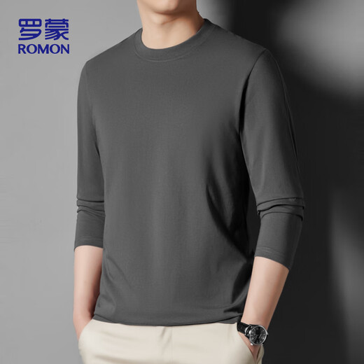 ROMON long-sleeved T-shirt men's spring and autumn solid color men's casual loose cotton bottoming shirt top men's 952 dark gray XL