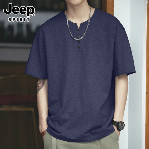 JEEP SPIRIT genuine Jeep high-end short-sleeved men's retro bamboo cotton t-shirt men's summer trendy brand Henry shirt Ami khaki versatile BN307 sapphire blue T-shirt L size suitable for 130-145 Jin Jin equals 0.5 kg
